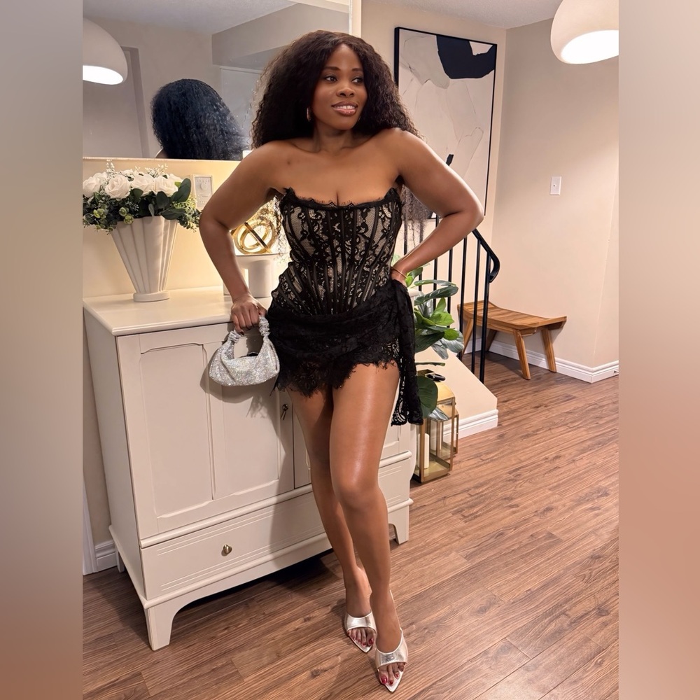 Heiress beverly hills black lace corset draped mini dress.
